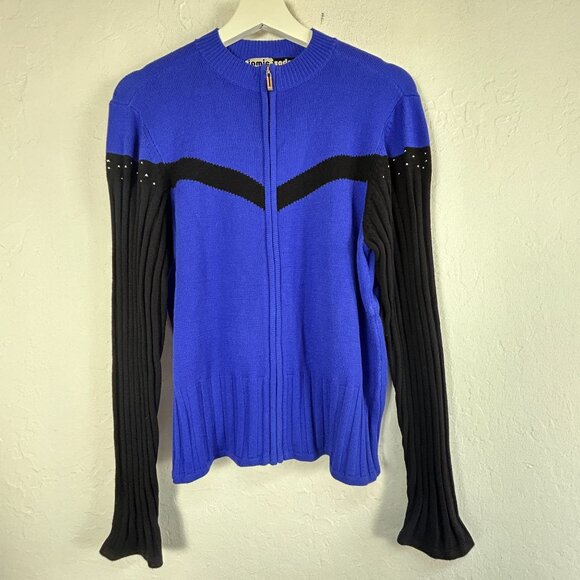 Jamie Sadock Womens Blue Black Ribbed Zip-Up Sweater Large Embellished Detail - Picture 1 of 7